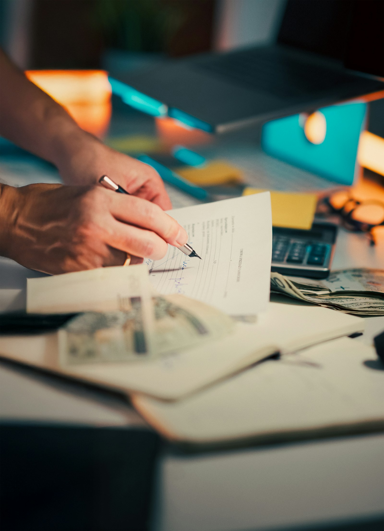 A person signing and reviewing financial paperwork